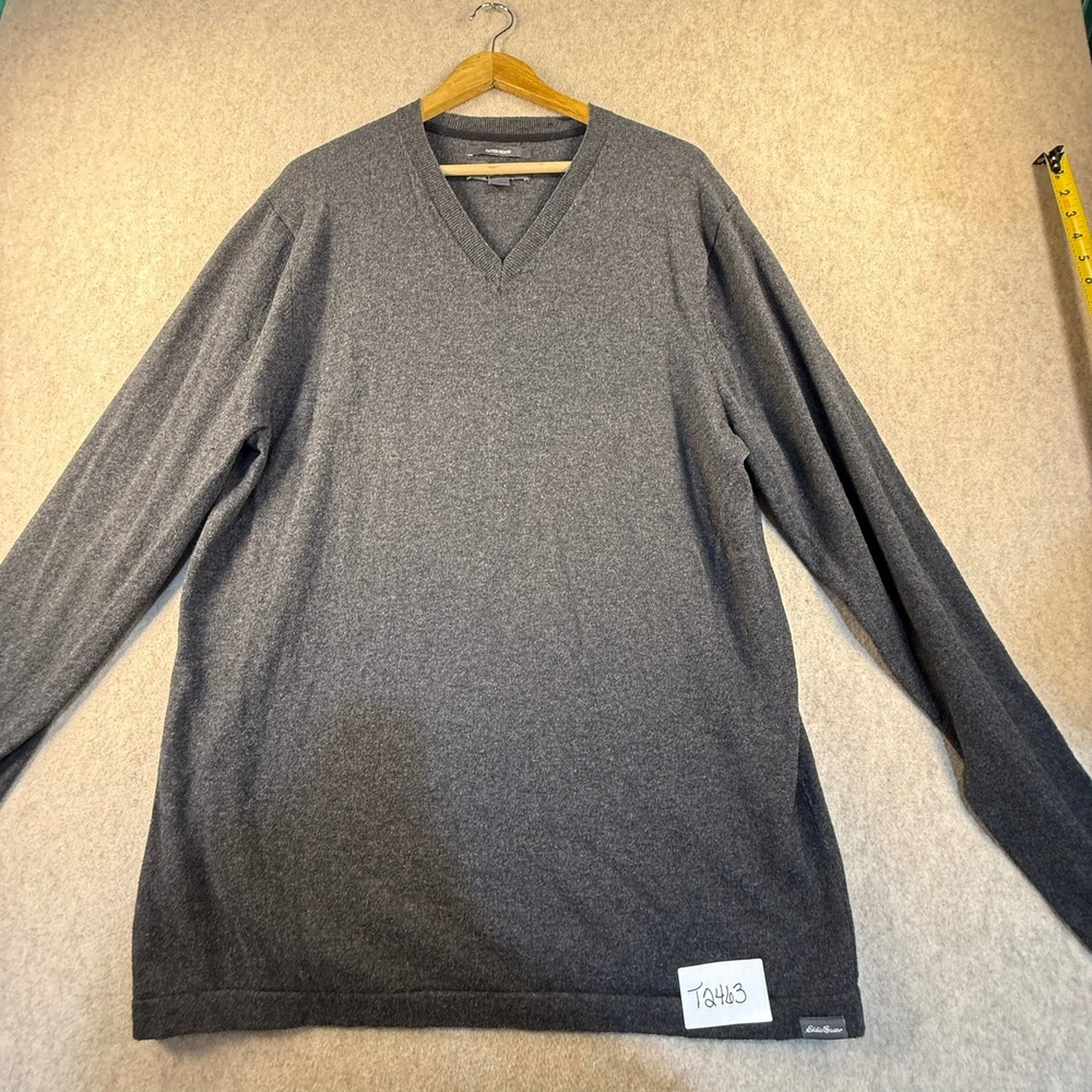 Eddie Bauer Mens Gray Cotton Merino Wool V-Neck Sweater Size Tall L TL